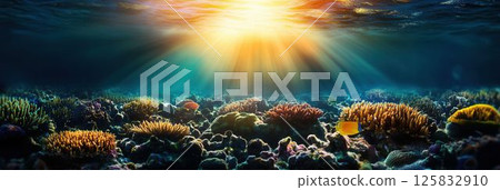 Vibrant Coral Reef Underwater Scene with Rays of Sunlight Illuminating Ocean Floor 125832910