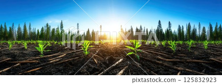 Lush Green Plants Growing on Soil with Sunlight in a Forest Landscape at Dawn 125832923