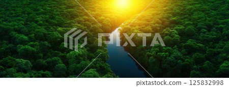 Serene River Flowing Through Lush Green Forest at Sunrise with Golden Light Serene River Flowing Through Lush Green Forest at Sunrise with Golden Light 125832998