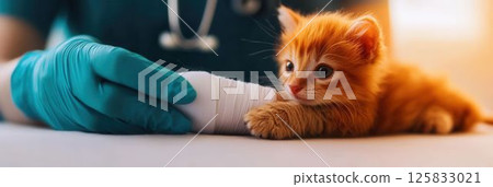 Caring veterinarian dressing a wound on an adorable orange kitten in daylight 125833021