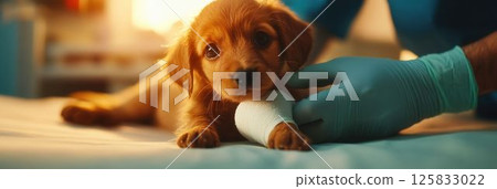 Adorable puppy receiving care at the vet with gentle hands and soothing environment 125833022