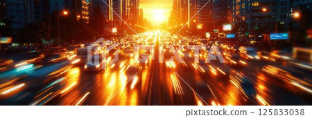 Blazing Sunset Over City Streets with Flowing Traffic and Illuminated Skyscrapers Blazing Sunset Over City Streets with Flowing Traffic and Illuminated Skyscrapers 125833038