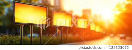 Bright Sunset Over City Street with Empty Billboards Ready for Advertising Campaigns 125833055