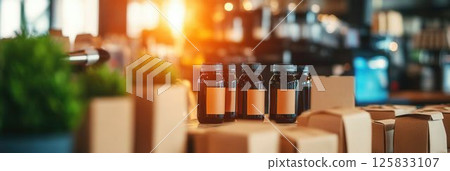 Glass bottles on a wooden surface with blurred background in a cozy cafe setting Glass bottles on a wooden surface with blurred background in a cozy cafe setting 125833107