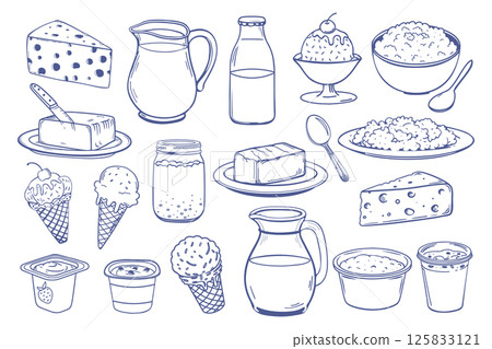 Milk products set. Collection of hand drawn dairy products, including cheese, milk, butter, yogurt, sour cream and ice cream. Doodle sketch icons. 125833121