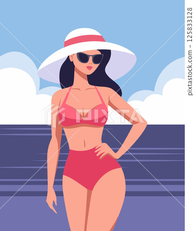 Beautiful woman in swimsuit and hat on the beach. Summer time, vacation and travel concept. Illustration. 125833128