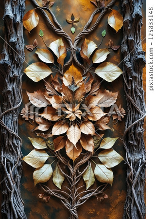 A stunning arrangement of dried autumn leaves and twisted branches forms a circular, flower-like pattern with earthy tones and intricate textures. 125833148