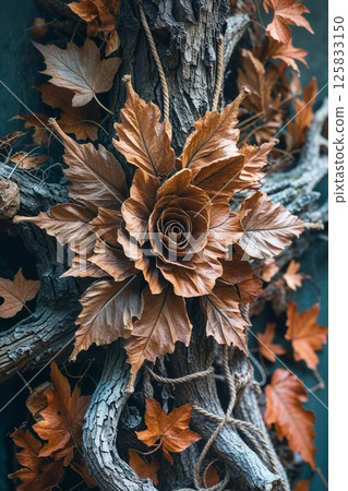 A stunning arrangement of dried autumn leaves and twisted branches forms a circular, flower-like pattern with earthy tones and intricate textures. 125833150