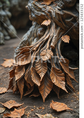 A stunning arrangement of dried autumn leaves and twisted branches forms a circular, flower-like pattern with earthy tones and intricate textures. 125833152