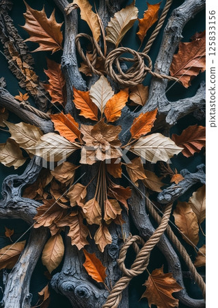 A stunning arrangement of dried autumn leaves and twisted branches forms a circular, flower-like pattern with earthy tones and intricate textures. 125833156