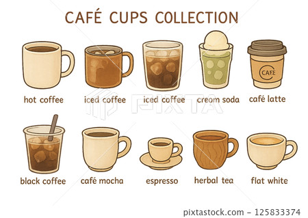 Cafe cup collection Hand drawn drink icon set 125833374