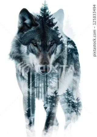 Majestic Double Exposure Wolf Portrait with Forest Landscape 125833494