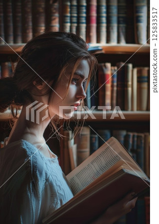 Young Woman Reading Book in Vintage Library 125833517