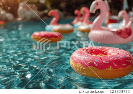 Inflatable Flamingos And Donut Floaties Drift In Sparkling Summer Pool 125833723