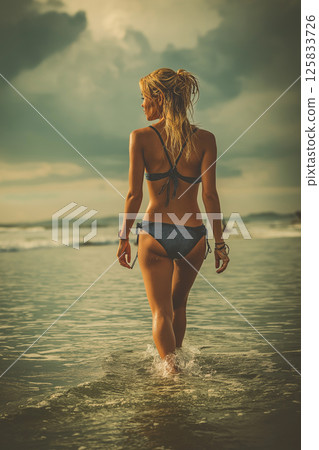 Bikini-Clad Woman Emerging From Sea Onto Sunlit Sandy Beach Bikini-Clad Woman Emerging From Sea Onto Sunlit Sandy Beach 125833726