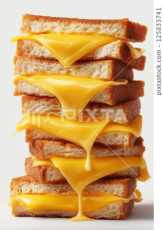 Golden grilled cheese sandwiches stacked high, melting slices on white background 125833741