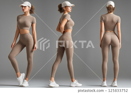 Activewear model strikes graceful fitness poses in brown knit leggings and cap 125833752