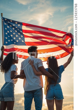 diverse people from behind holding an American flag with a bright, warm sky that conveys unity and patriotism 125833788