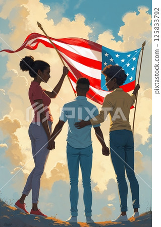 diverse people from behind holding an American flag with a bright, warm sky that conveys unity and patriotism 125833792