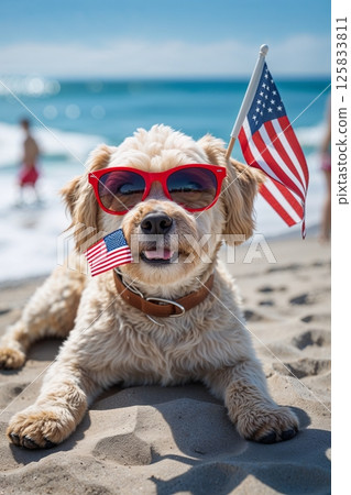 A cute dog wearing red sunglasses and holding a small American flag lies on the sandy beach with people and ocean in the background on a sunny day. 125833811