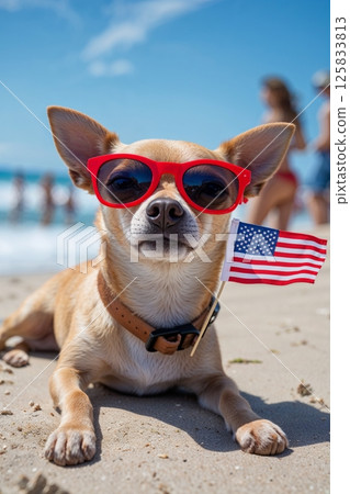 A cute dog wearing red sunglasses and holding a small American flag lies on the sandy beach with people and ocean in the background on a sunny day. 125833813