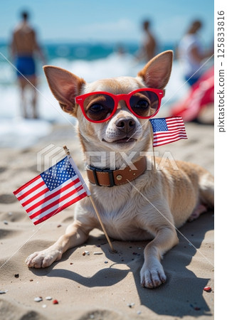 A cute dog wearing red sunglasses and holding a small American flag lies on the sandy beach with people and ocean in the background on a sunny day. 125833816