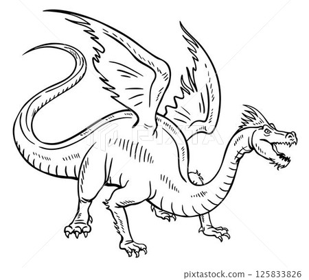 Black and white sketch of a flying fairy dragon 125833826