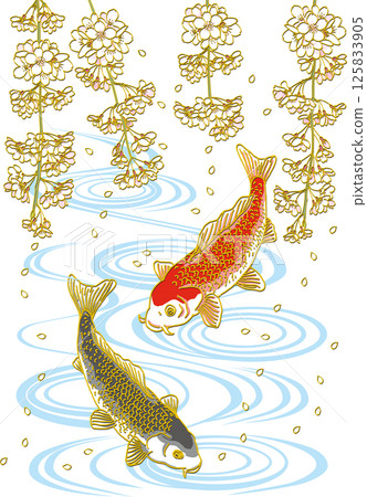 垂枝櫻花樹和兩條鯉魚_水面_黑鯉朝下_紅鯉朝下 垂枝櫻花樹和兩條鯉魚_水面_黑鯉朝下_紅鯉朝下 125833905