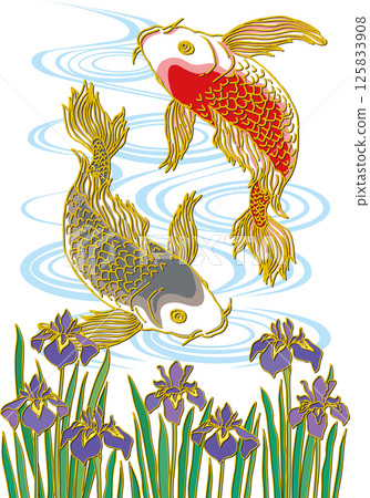 鳶尾花和兩條鯉魚_水面_黑鯉向下_紅鯉向上_魚鰭很華麗 125833908