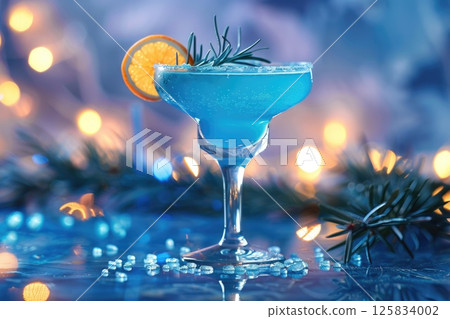 Vibrant Blue Lagoon Cocktail Garnished with Lemon on Textured Background 125834002