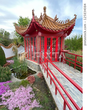 Chinese Tea House in Green Quarter Family Recreation Park, Inozemtsevo, Russia. Chinese Tea House in Green Quarter Family Recreation Park, Inozemtsevo, Russia. 125834084