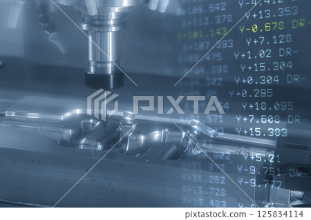 Abstract scene the CNC milling machine finish cut the mold parts and NC data background. 125834114