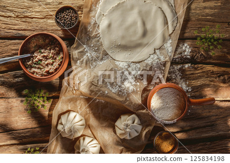Freshly made uncooked handmade khinkali, the traditional Georgian dumplings, in bright sunlight, showcasing fresh ingredients and the art of cooking in action. 125834198