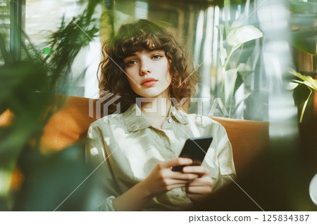 Thoughtful young woman with smartphone in relaxing indoor greenery setting 125834387