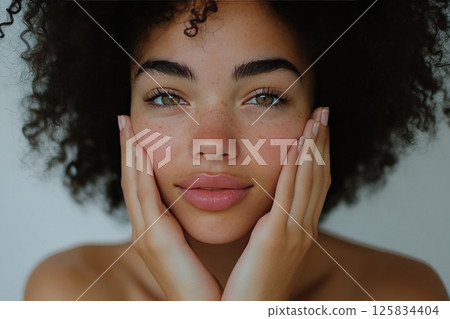Young african female with curly hair and freckles 125834404