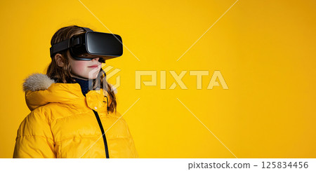 Young caucasian female in yellow jacket using vr headset against yellow background Young caucasian female in yellow jacket using vr headset against yellow background 125834456