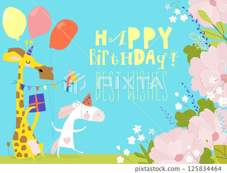 Birthday Card with Cute Animals celebrating Holiday 125834464