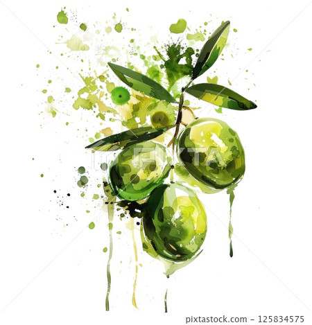 A dynamic watercolor painting of an olive branch, with vibrant green olives A dynamic watercolor painting of an olive branch, with vibrant green olives 125834575
