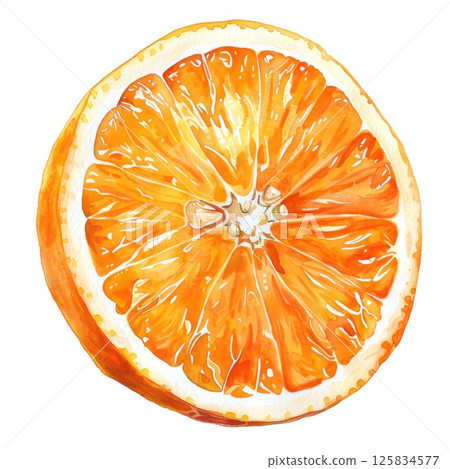 An enticing watercolor slice of orange, adorned with paint splatters 125834577