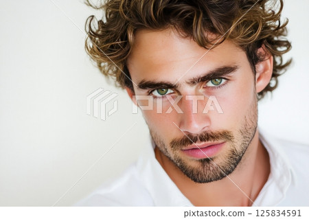 Young caucasian male with curly hair and intense gaze 125834591