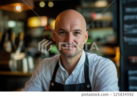 Bald caucasian male chef smiling in a cozy cafe setting Bald caucasian male chef smiling in a cozy cafe setting 125834592