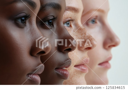 Diverse female portraits showcasing beauty and ethnic diversity in profile 125834615