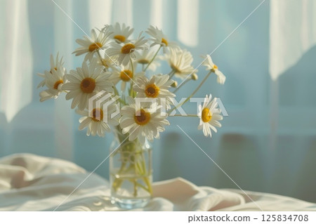 Tranquil Morning Light with Fresh Daisy Arrangement on Window Sill 125834708