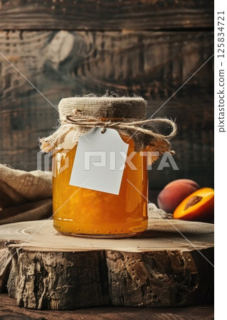 Homemade Peach Jam in Glass Jars with Fresh Peaches on Wooden Table 125834721