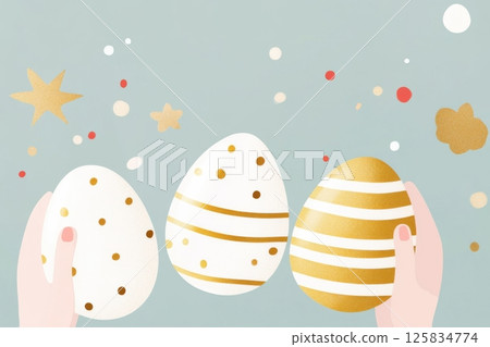 Illustration of hands holding decorated Easter eggs with gold polka dot and striped patterns Illustration of hands holding decorated Easter eggs with gold polka dot and striped patterns 125834774