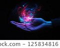 Futuristic concept of hand holding glowing hologram for innovation design 125834816