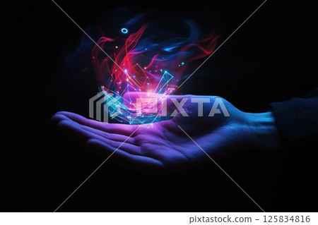 Futuristic concept of hand holding glowing hologram for innovation design 125834816