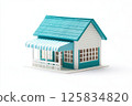 Miniature shop model with blue roof and striped awning for architectural design inspiration 125834820