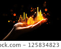 Futuristic concept of a hand holding glowing holographic data chart visualization 125834823