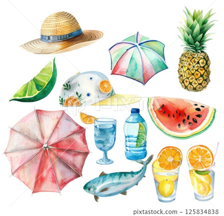 Vibrant Summer Vibes: Watercolor Elements with Tropical Fruits and Beach Accessories 125834838